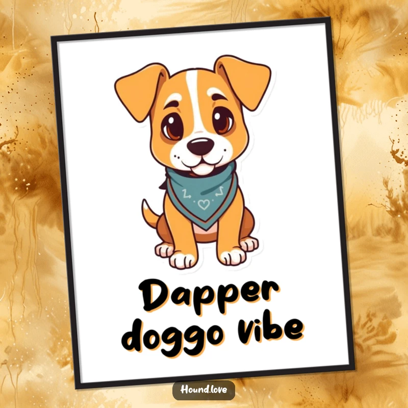 Funny dog poster print of a proud hound standing tall, wearing a jaunty bandana, adding charm to any room.