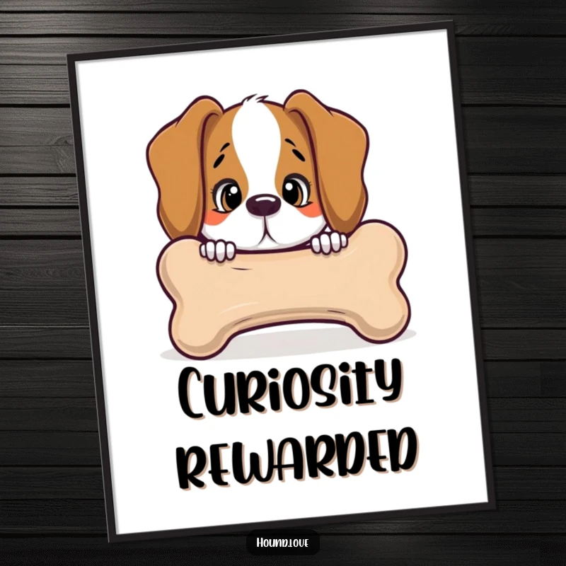 Funny hound peeking with curiosity from behind a giant, talking bone, presented as humorous wall art on a poster, very amusing.