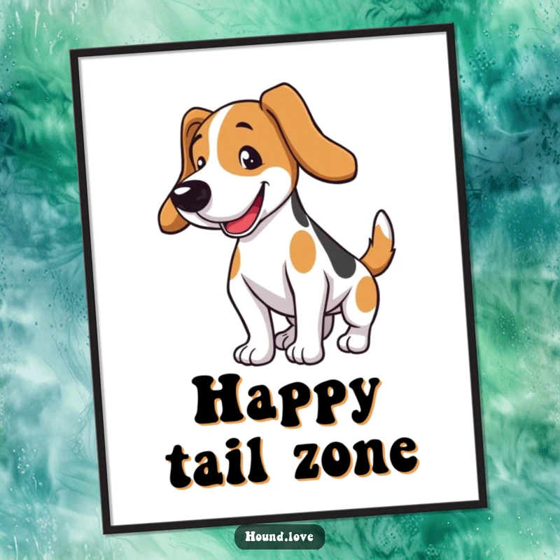 Funny hound dog art print of a happy dog wagging its tail vigorously. Humorous wall decor and a delightful gift.