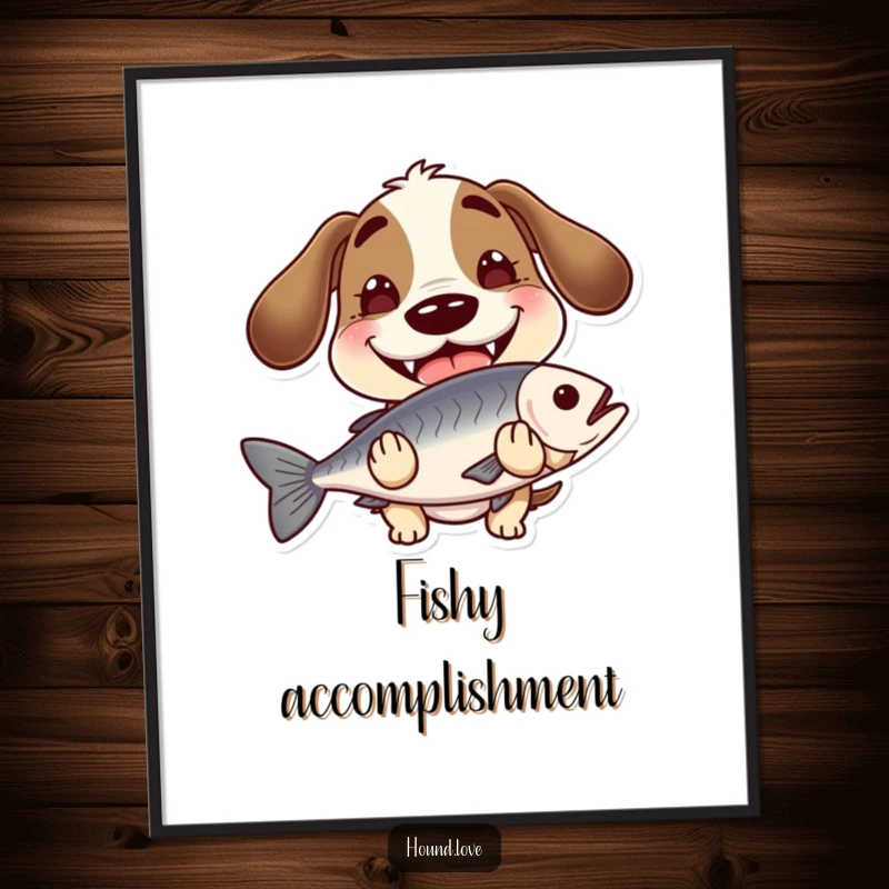 Funny hound with a wide, goofy grin, holding a slippery fish, presented as humorous wall art on a poster, very amusing.