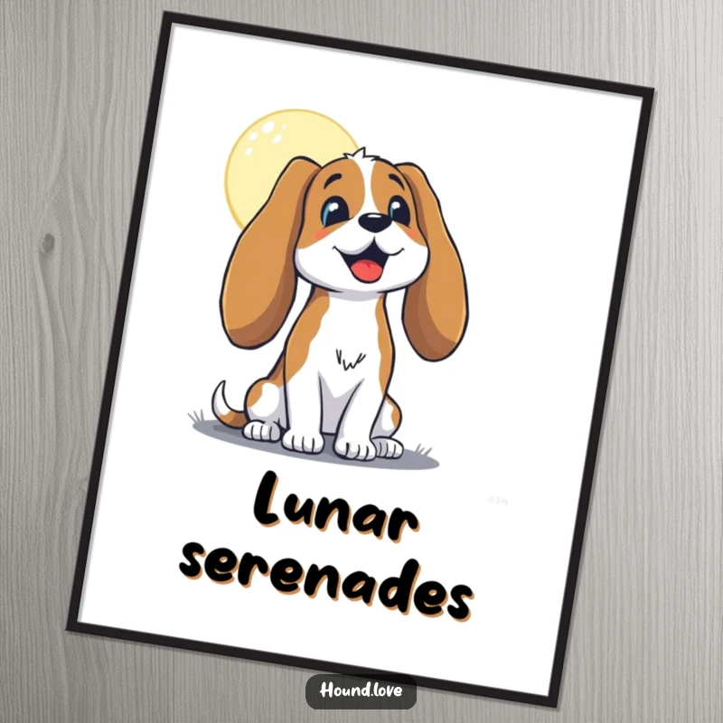 Funny hound with long, floppy ears, joyfully baying at the moon, presented as captivating wall art on a poster, highly amusing.