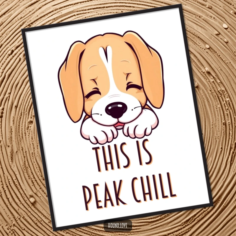 Funny poster art of a hound dog resting its chin with a contented sigh, evoking feelings of peace and gentle humor.