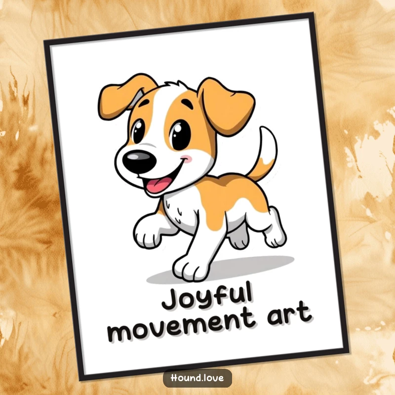 Funny poster of a happy hound dog in a comical trot, wagging tail, vibrant and cheerful dog art print, perfect funny gift for decor.