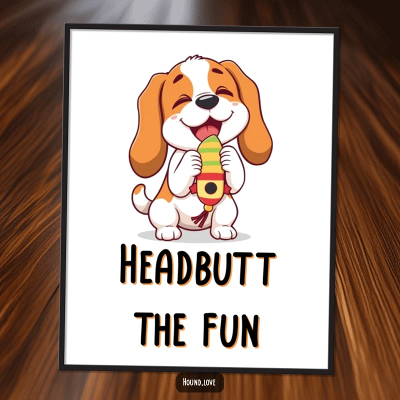 Funny hound character joyfully butting a dangling, wiggling toy, capturing pure playfulness and humor on this poster.