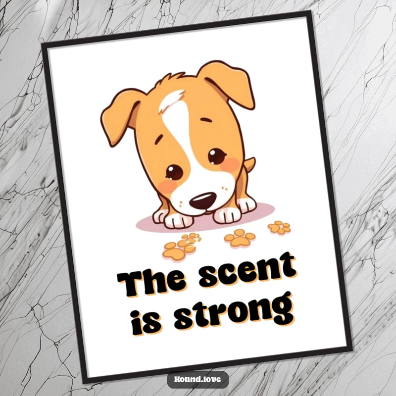 Funny Poster showcasing a playful hound dog with its nose to the ground, tracking sparkling paw prints with intense focus.