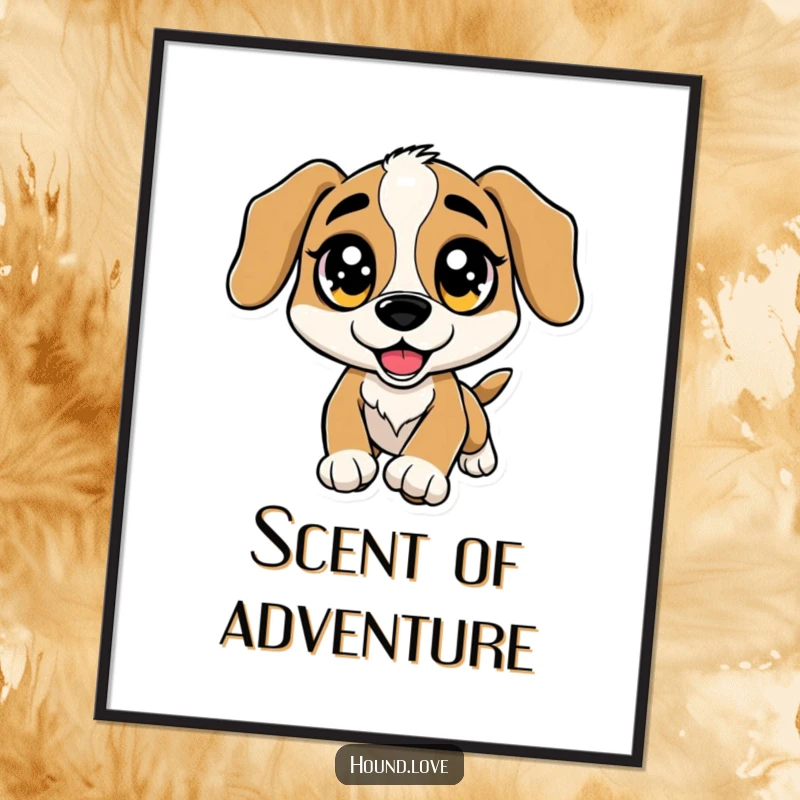 Funny Poster: A hound dog with huge, sparkling eyes is depicted in an excited leap, chasing a scent.