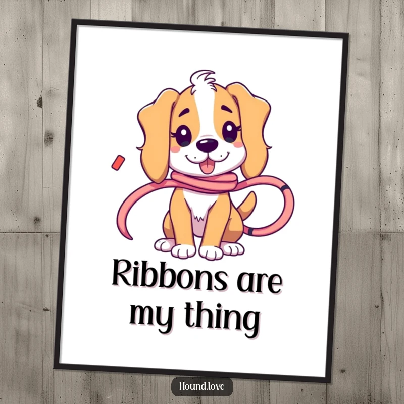 Funny hound character playfully tangled in a long, flowing ribbon, creating a humorous and whimsical scene on this poster.