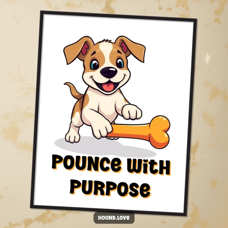 Funny hound poster, a playful dog in a pounce ready to fetch a rolling bone, action-packed and humorous art.