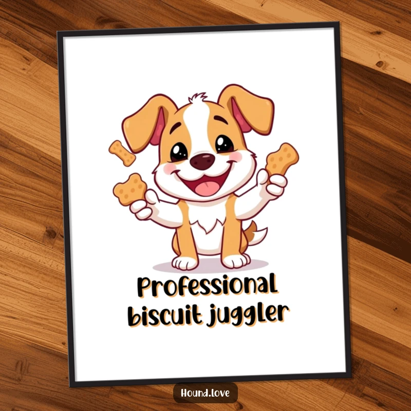 Funny poster print of an excited dog with a wide grin, skillfully juggling many large dog biscuits, bringing cheer.