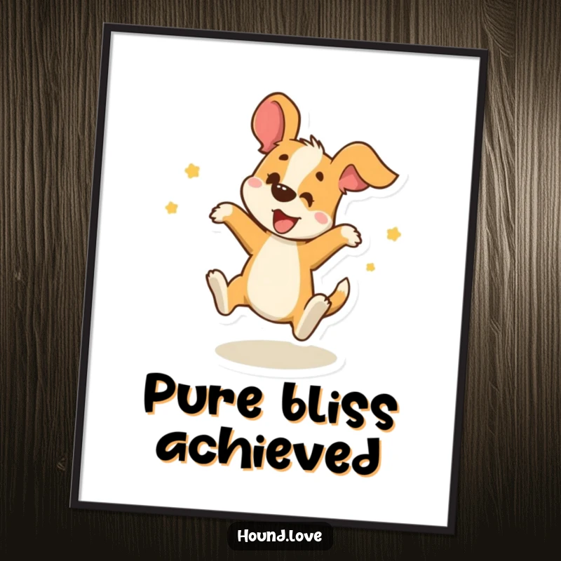 Funny Poster: A delighted hound character spins playfully, celebrating pure joy and energetic delight, perfect for wall decor.