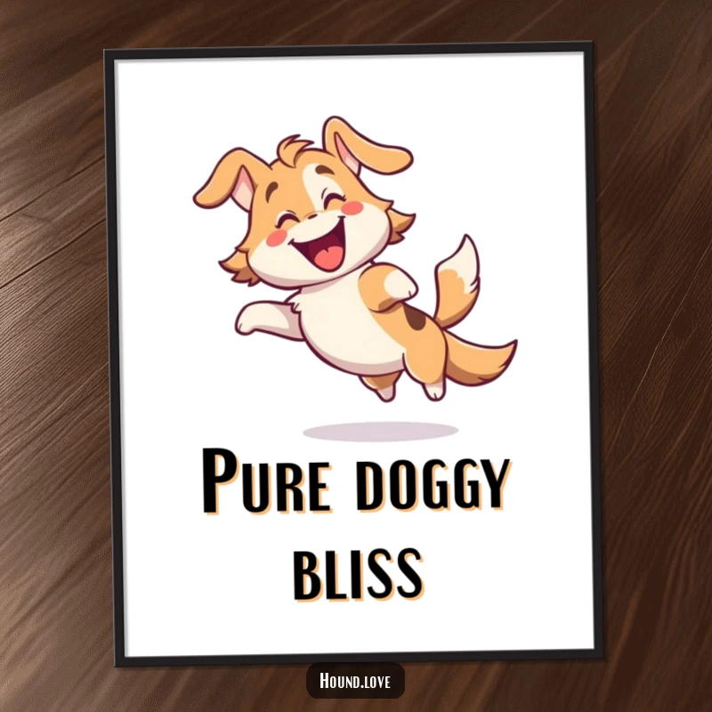 Funny poster of a gleeful hound character spinning with immense delight and a furiously wagging tail, perfect wall art.