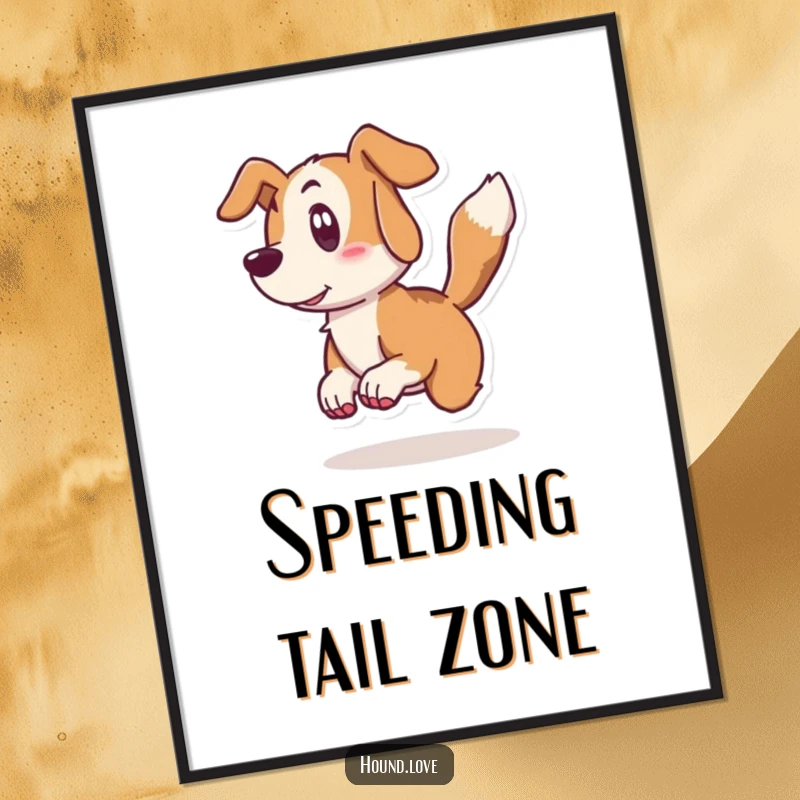 Funny hound poster of a surprised dog character leaping back from its own furiously wagging tail, a humorous piece of art.