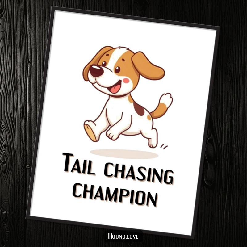 Funny tripping hound art print of a dog comically tripping while chasing its tail. Humorous wall decor and a great gift.