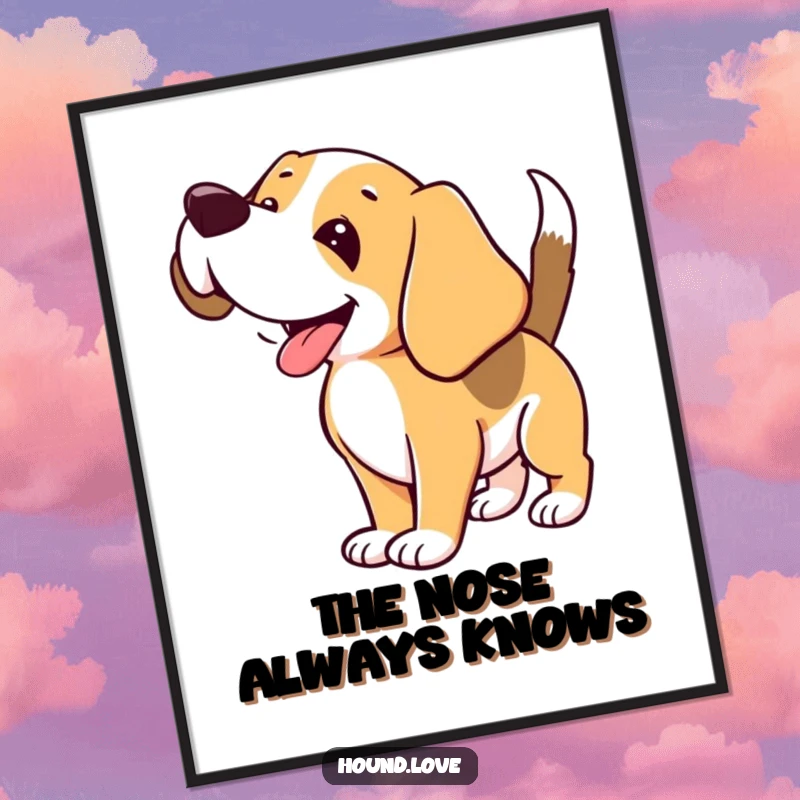 Funny Hound Poster: Floppy-eared hound wagging its tail and sniffing, a humorous depiction of pure canine joy.
