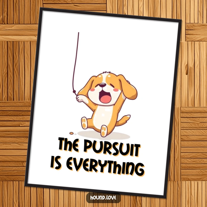Comical poster art of a funny hound dog hilariously falling while reaching for a dangling string, adding humor to walls.