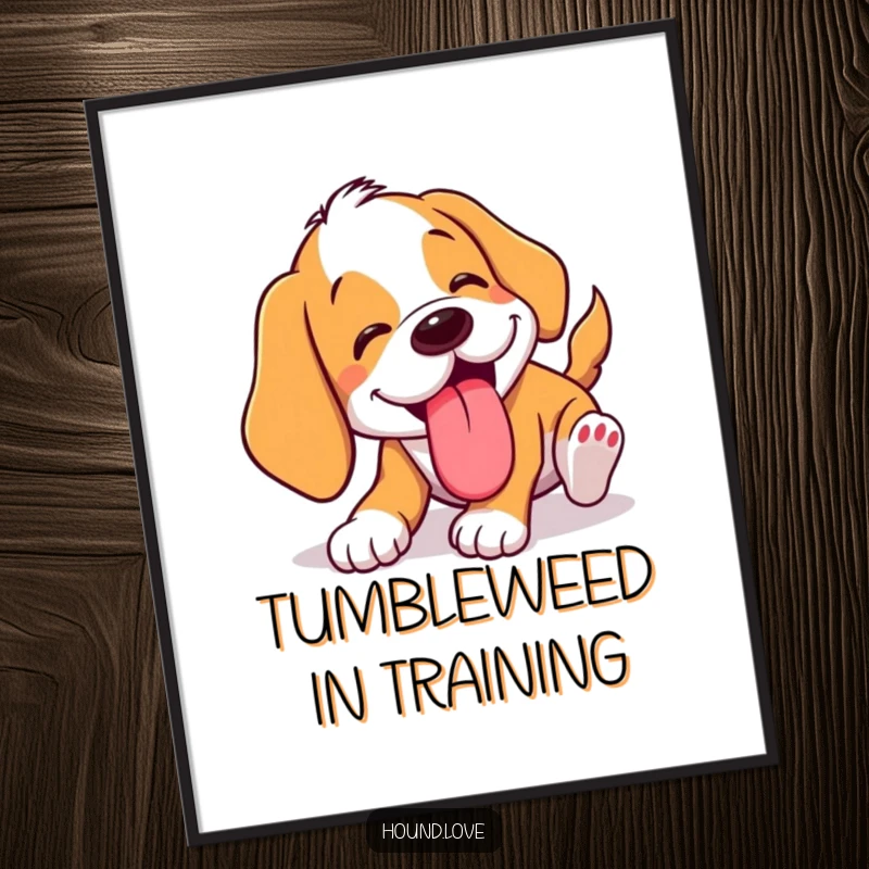 Funny tumbling hound art print of a dog comically tumbling with its tongue lolling out. Humorous wall decor and a great gift.