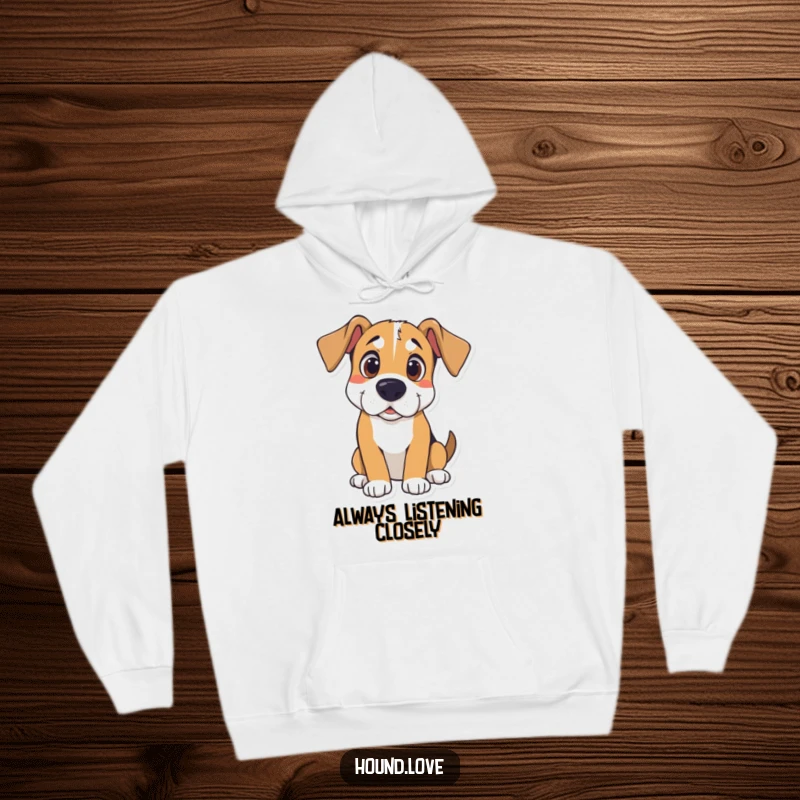 Funny Hound Hoodie: Curious hound with wide eyes and cocked head listening intently, offering cozy and humorous vibes.