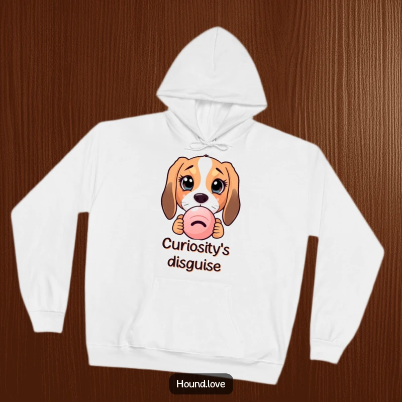 Comfortable hoodie featuring a funny hound dog with enormous, curious eyes peeking from behind a squeaky toy, radiating cuteness.