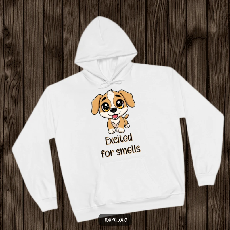 Funny Hoodie: A hound dog with big, sparkling eyes leaps excitedly, nose to the ground for a scent.