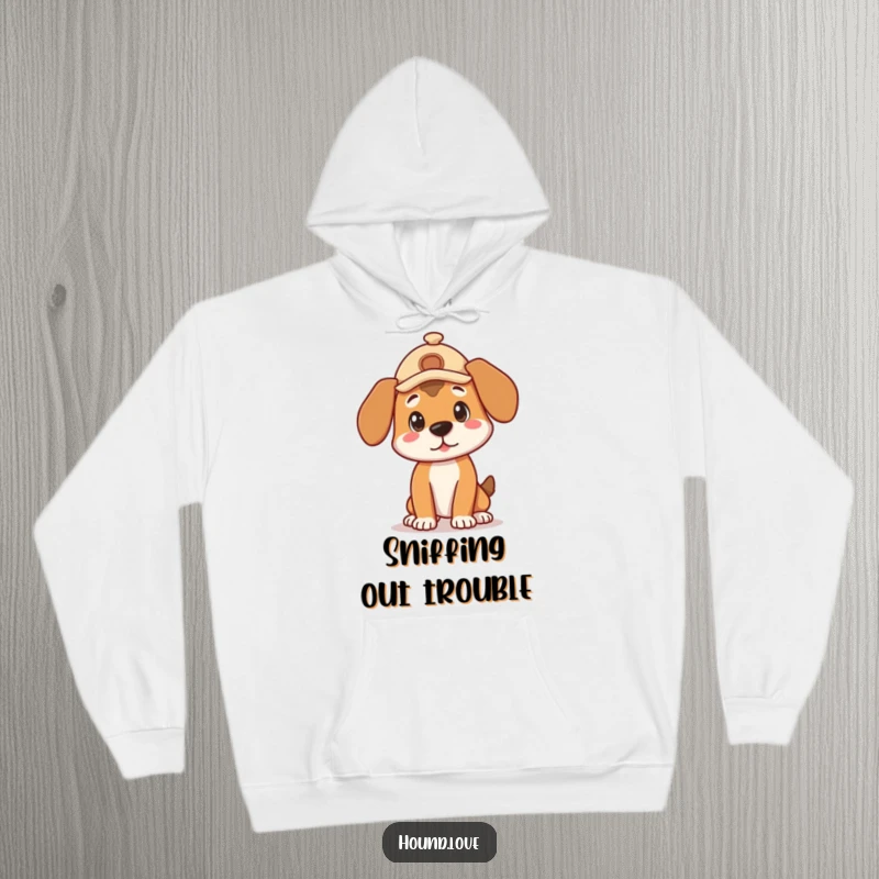 Funny Hoodie: A cute hound wearing a tiny detective hat strikes a thoughtful, curious pose.