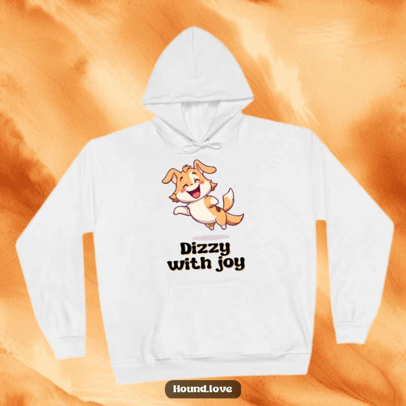 Funny hoodie depicting a gleeful hound character spinning with pure delight and a furiously wagging tail, perfect for cozy laughs.