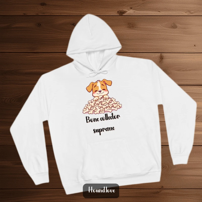 Funny hound hoodie with a happy dog character burying its nose in a massive pile of bones, perfect for cozy, humorous wear.