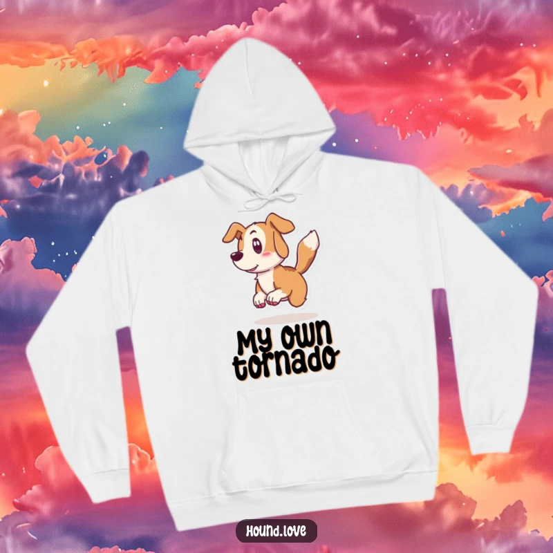 Funny hound hoodie showing a surprised dog character recoiling from its own wildly wagging tail, perfect for cozy, humorous comfort.