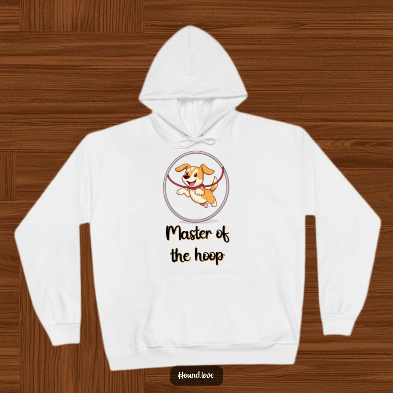 Funny hound character leaping with pure joy through a giant leash hoop, featured humorously on this cozy hoodie.