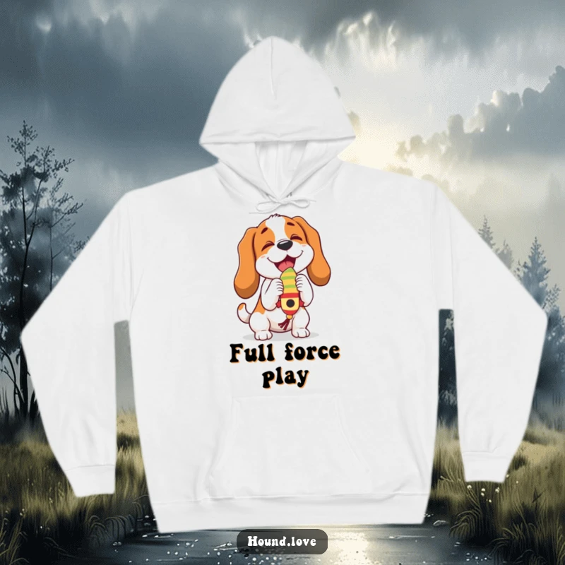Funny hound character joyfully butting a dangling, wiggling toy, bringing a smile and warmth with this cozy hoodie.