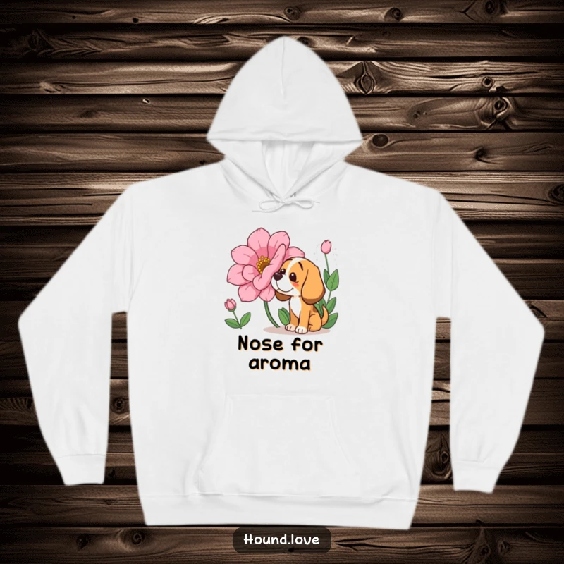 Funny Hoodie: A joyful hound with a relaxed posture sniffing a gigantic, fragrant flower, highlighting a moment of peaceful, funny canine enjoyment.