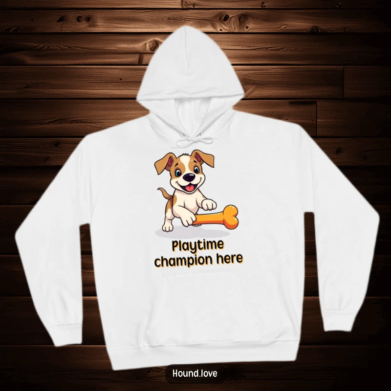 Funny hound hoodie, a playful dog in a pounce ready to fetch a rolling bone, warm and humorous apparel.