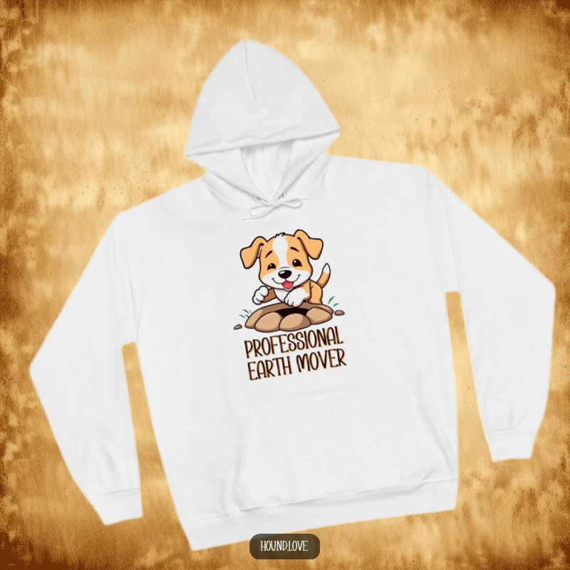 Funny Hoodie: A determined hound character enthusiastically digging a hole, covered in dirt, radiating pure, unbridled, funny doggy happiness.