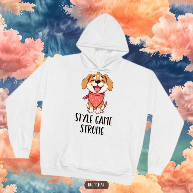 Funny hound hoodie with a delighted dog character winking playfully while wearing an enormous, silly bandana, perfect for cozy humor.