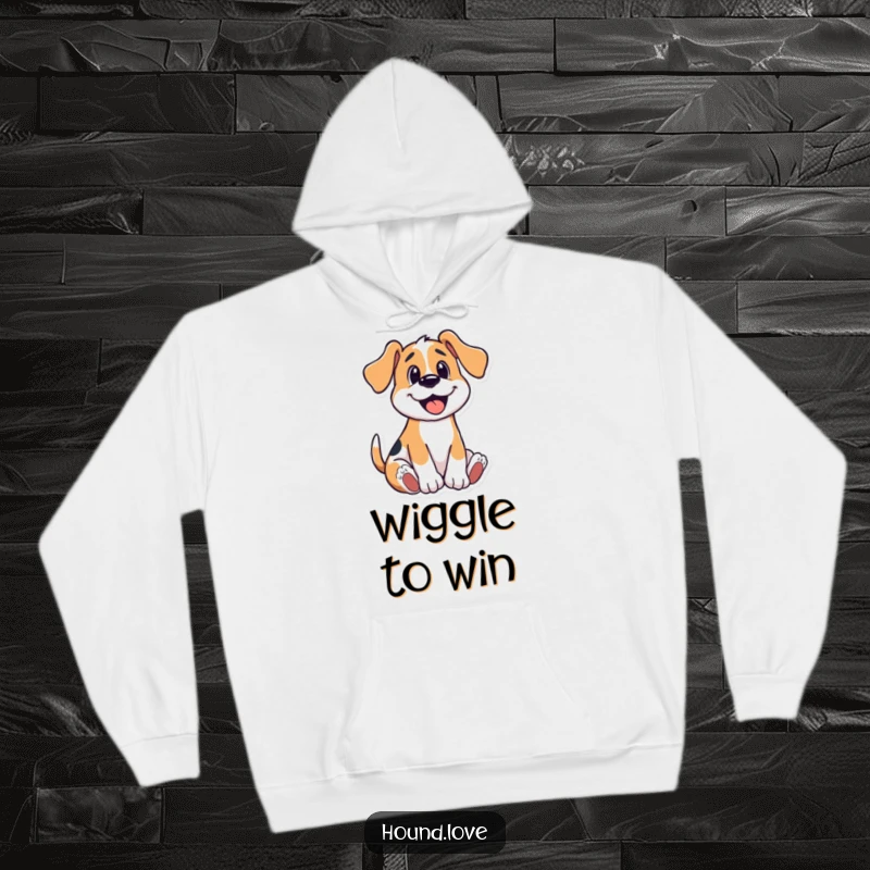 Funny hoodie depicting a happy hound dog performing a playful wriggle, symbolizing joy and carefree fun.