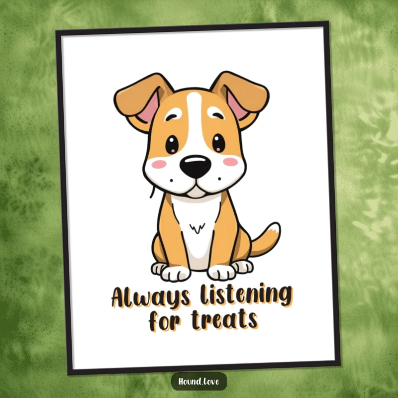 Funny Free Printable Dog Wall Art: Adorable hound character with alert, perked ears, listening intently. Quirky downloadable art for dog lovers.