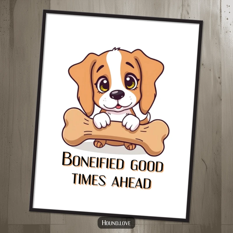 Funny Free Printable Wall Art: A hound with innocent eyes playfully nudging a massive bone, delightful decor.
