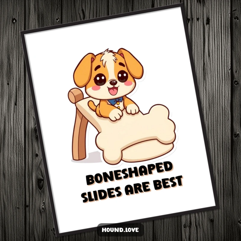 Funny Free Printable Hound Wall Art: A giddy hound slides happily down a wiggly, bone-shaped slide, humorous downloadable art.