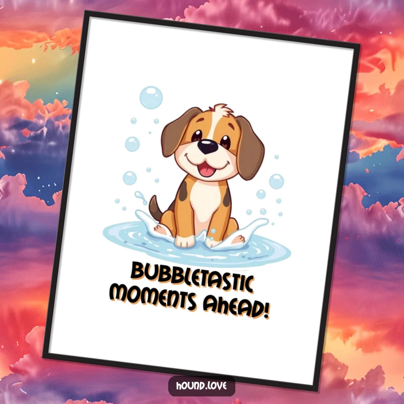 Funny Free Printable Wall Art: A happy hound dog enthusiastically splashing in a bathtub full of glorious, bubbly suds.