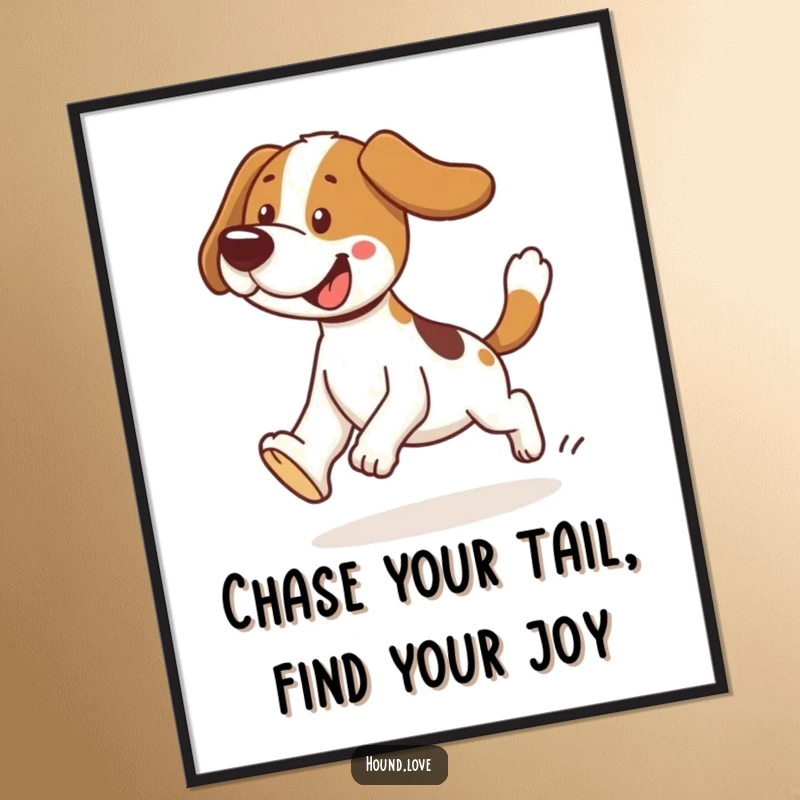 Funny Free Printable Wall Art of a happy hound comically tripping while hilariously chasing its own tail. Downloadable art.