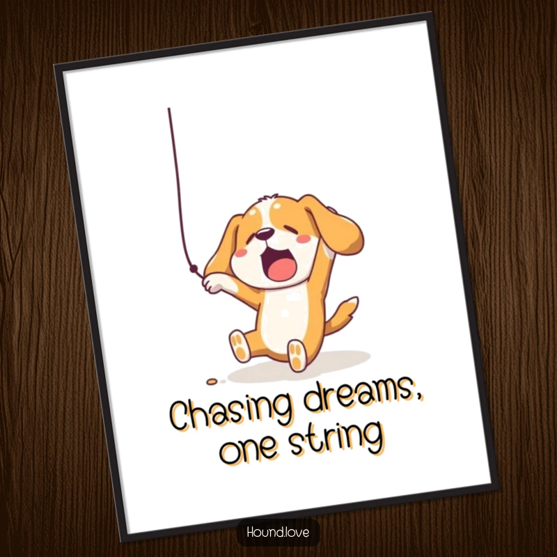Funny Free Printable Wall Art capturing a hound's comical tumble while reaching for a dangling string, showcasing playful chaos.