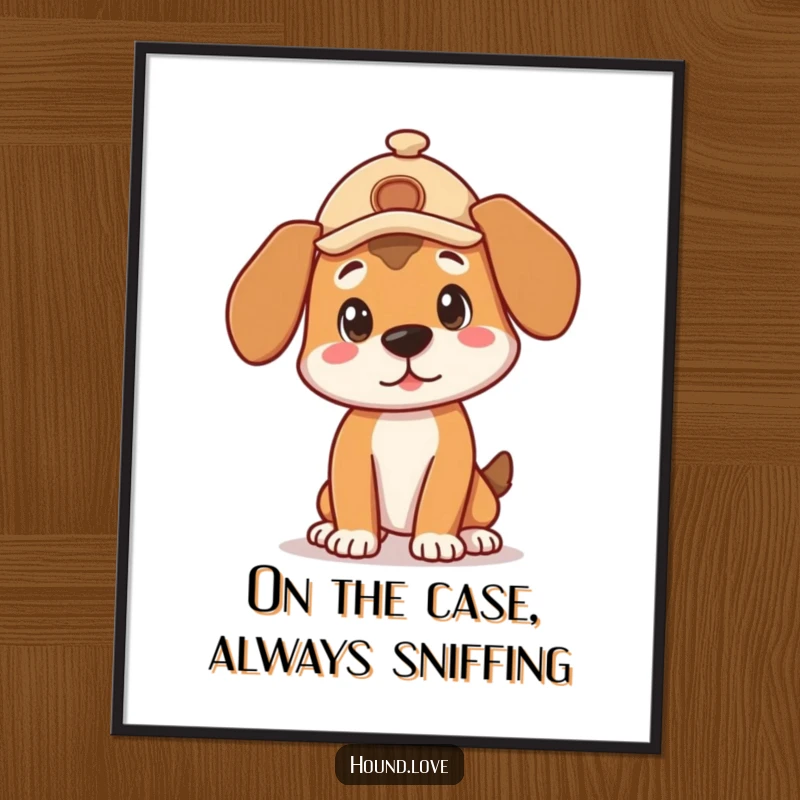 Funny Free Printable Wall Art: Cute hound in a detective hat, striking a curious pose, looking for clues.