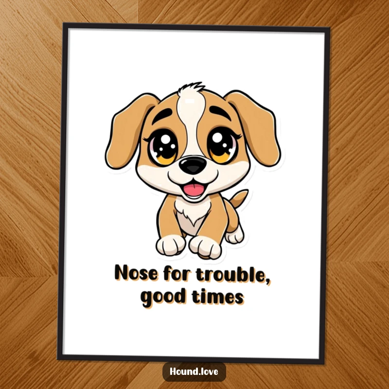 Funny Free Printable Wall Art: Hound with oversized sparkling eyes, leaping energetically towards a scent, full of anticipation.