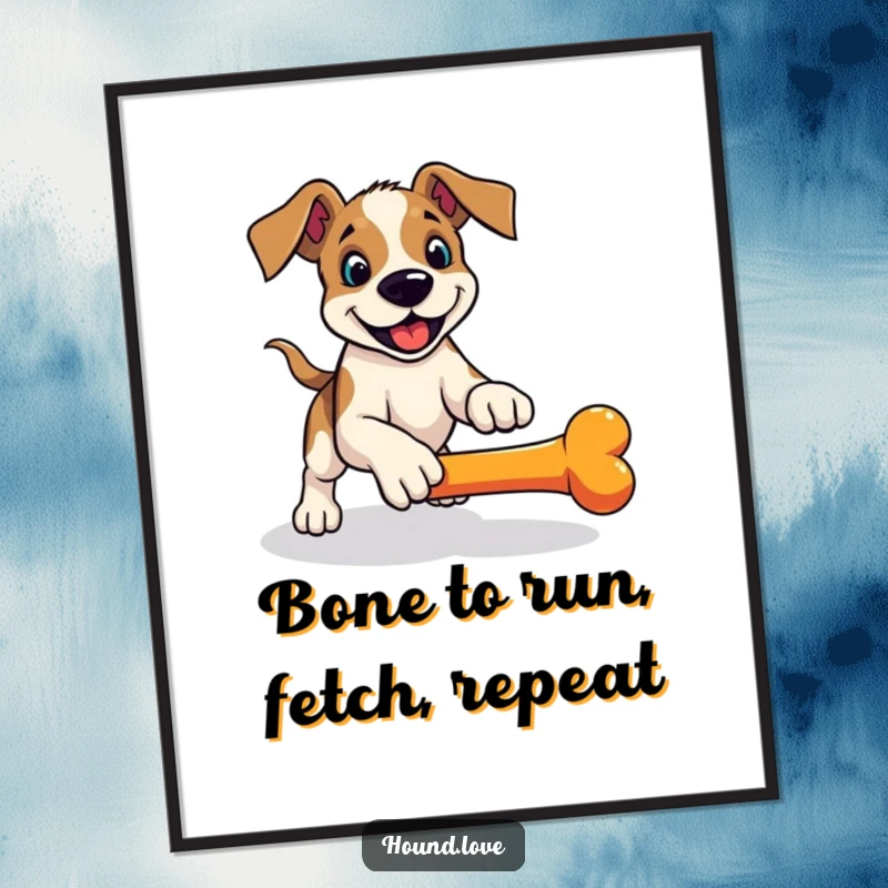 Funny Free Printable Wall Art: A hound playfully pounces forward, eyes fixed on a brightly colored, rolling bone, full of action.