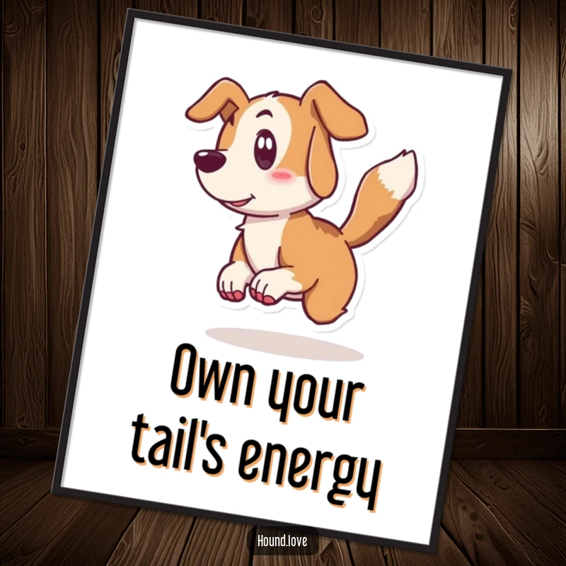 Funny Free Printable Hound Wall Art: A surprised hound leaps back from its own hyperactively wagging tail, humorous downloadable art.