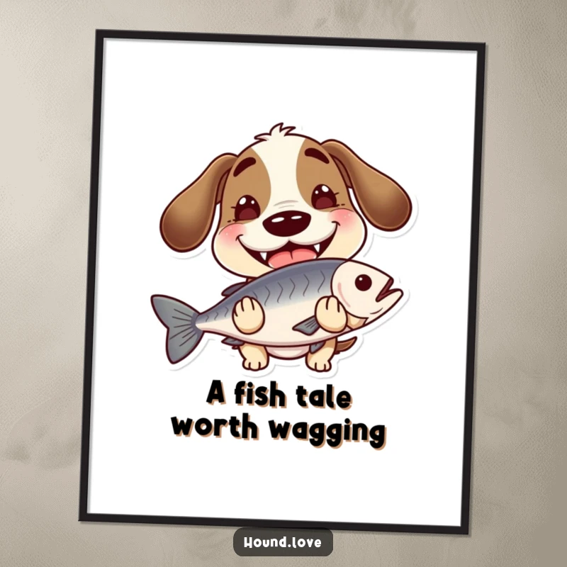 Funny Free Printable Wall Art: A hound with an enormous, goofy grin proudly holds a slippery fish, adding playful vibes.