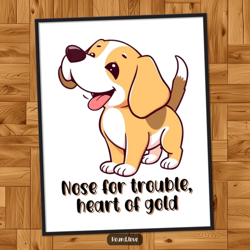 Funny free printable wall art: a happy hound with floppy ears and wagging tail, joyfully sniffing the air.