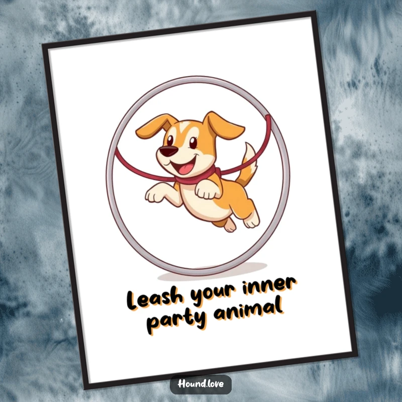 Funny Free Printable Wall Art: An energetic hound character leaping with joy through a large hoop made of a leash.