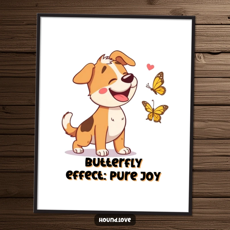 Funny Free Printable Wall Art of a hound character giggling uncontrollably while playfully chasing a vibrant butterfly.