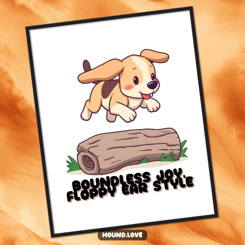 Funny Free Printable Wall Art of a happy hound with floppy ears joyfully bounding over a low log. Downloadable art.