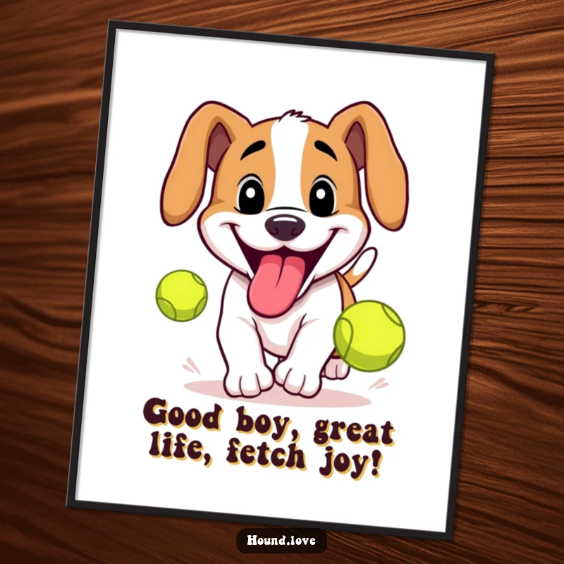 Funny free printable wall art: a hound with a big happy grin, tongue lolling out, chasing a tennis ball.